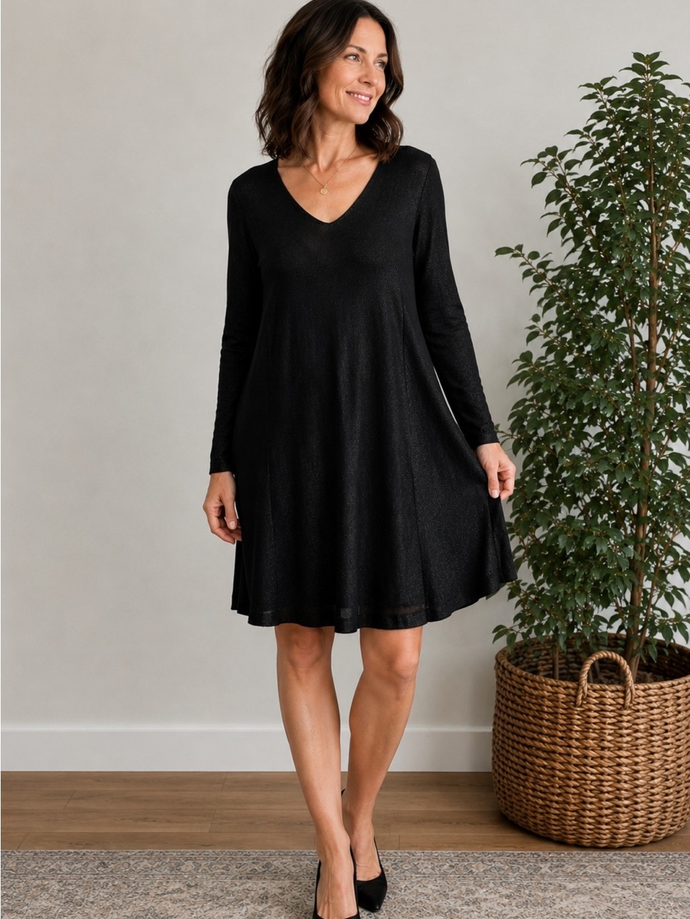 Eileen Fisher Black Metallic Knit Tunic:Dress – Size Small (S/P)